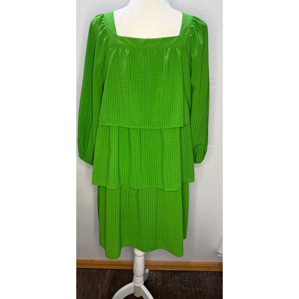 Who What Wear Green Gingham Tiered Midi Dress Square Neck Balloon Sleeve Small